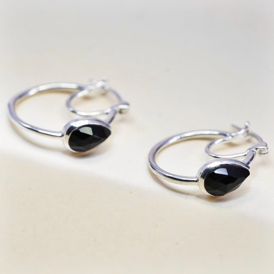 1" Vintage D’Joy sterling silver bold loop earrings, hoops teardrop black onyx
