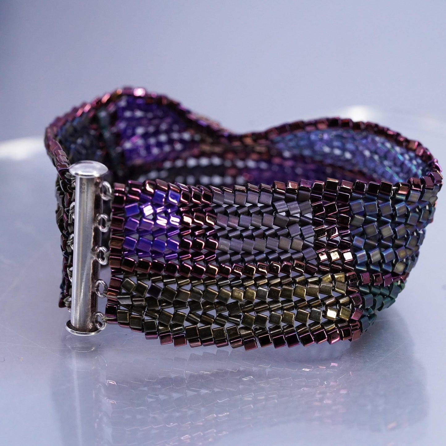 7", VTG Sterling 925 silver multi strands bracelet metallic multi color beads