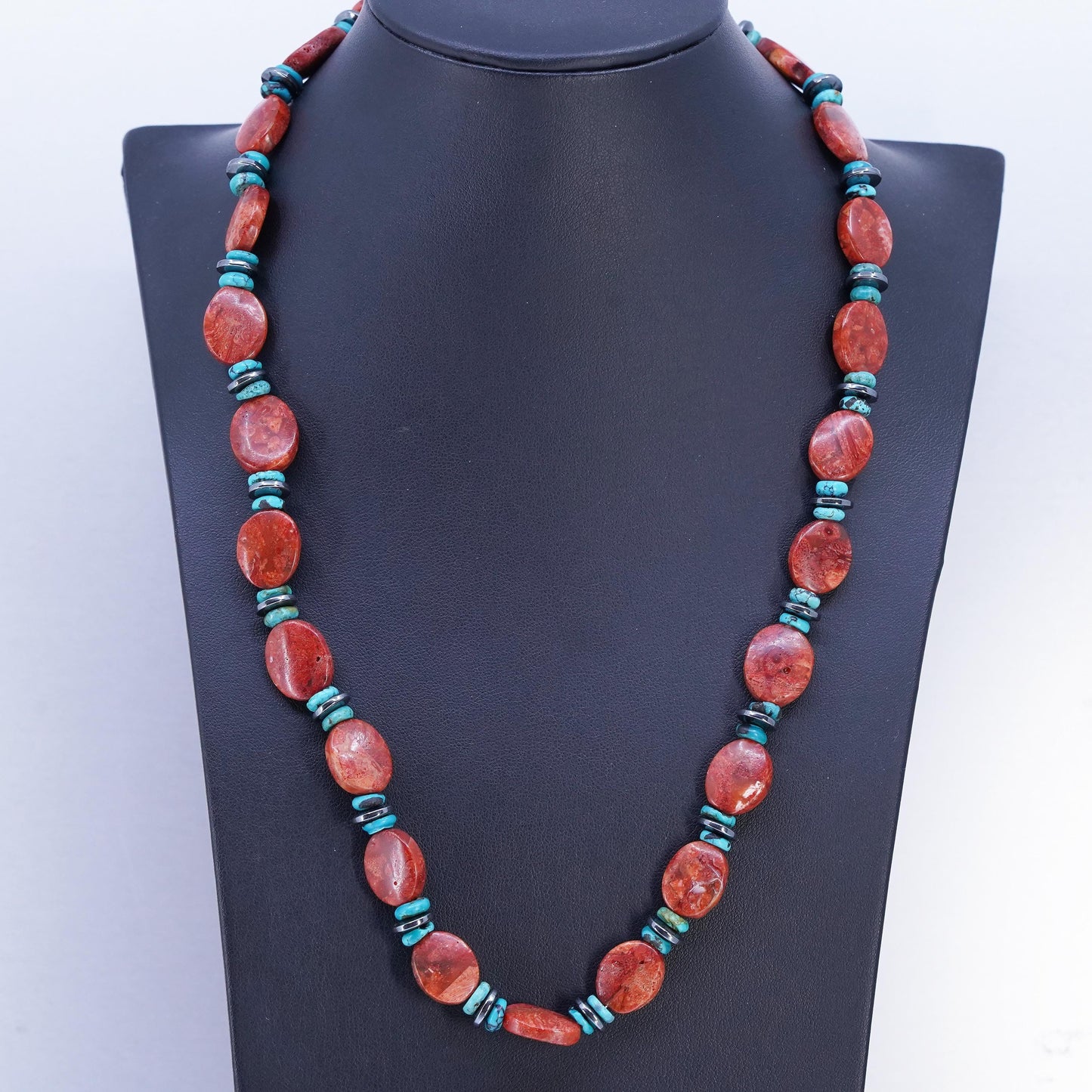 22", Native American Sterling Silver 925 necklace green turquoise coral beads