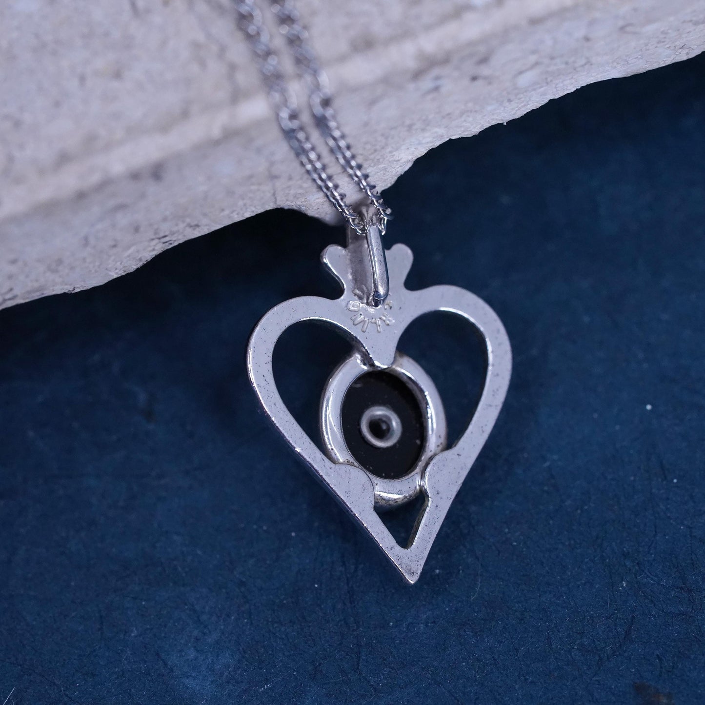 18”, VTG Sterling silver necklace, 925 circle chain onyx diamond heart pendant