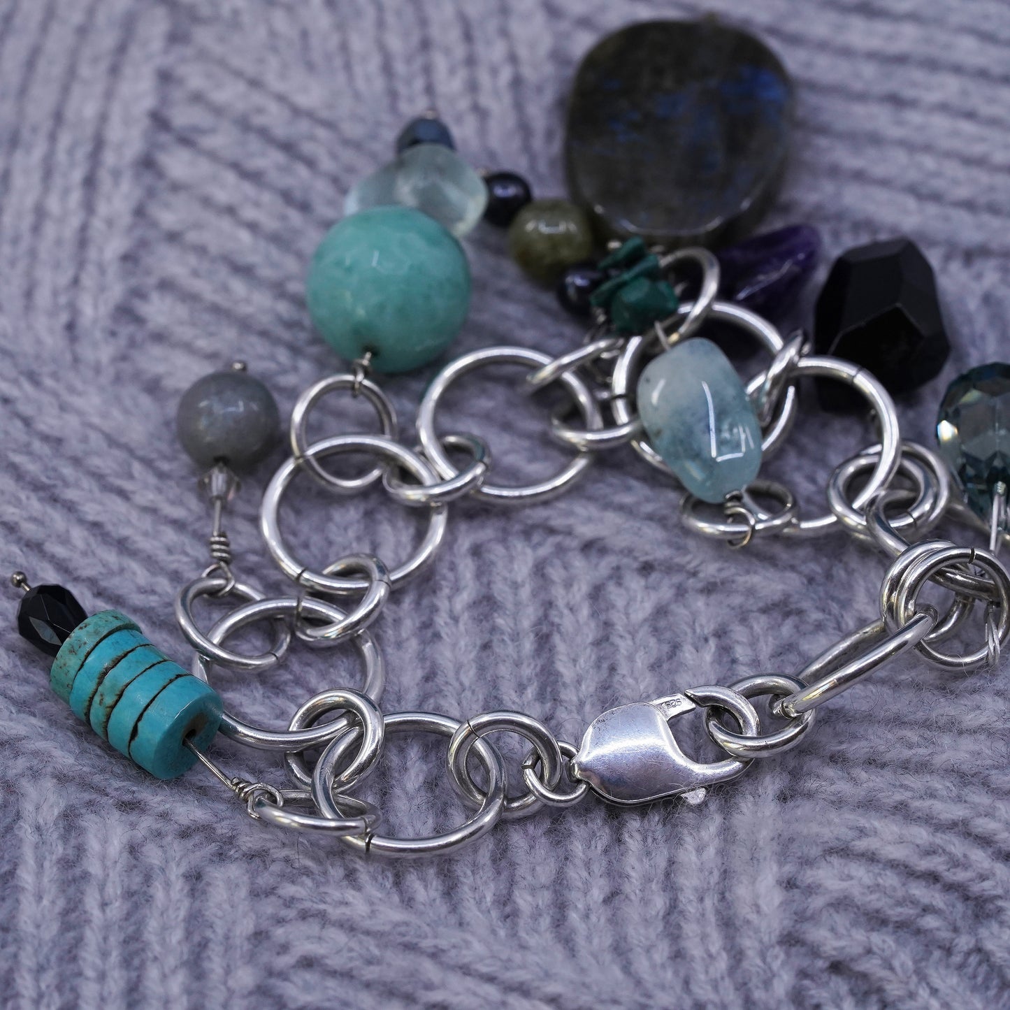 6.5", Sterling silver bracelet, 925 huge circle turquoise labradorite amethyst