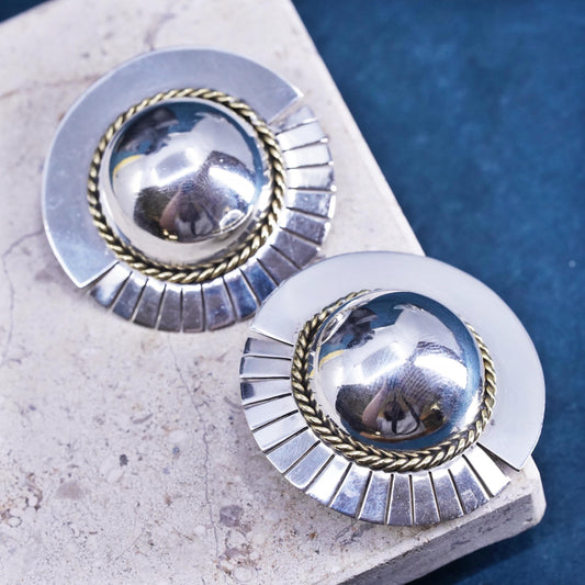 two tone Mexican Sterling silver earrings, 925 sun circle clip on brass cable