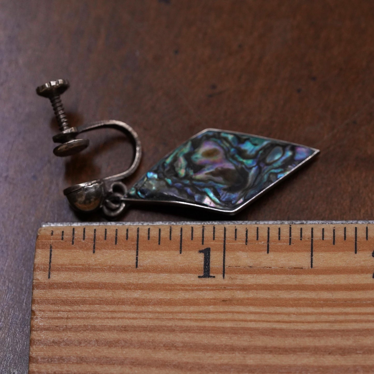 Taxco Mexican sterling silver single earring, 925 screw back dangle abalone