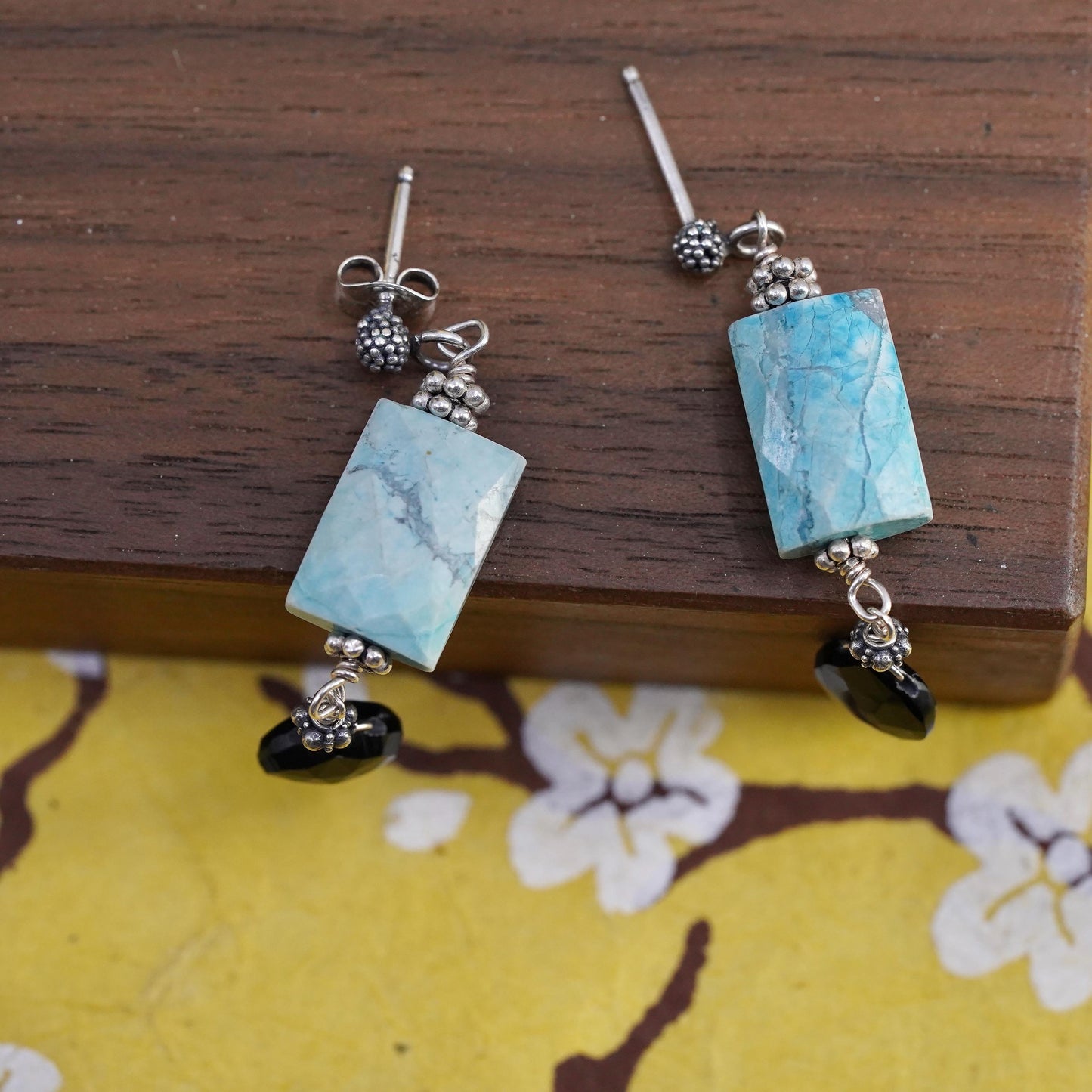 Southwestern Sterling 925 silver handmade earrings with turquoise and onyx