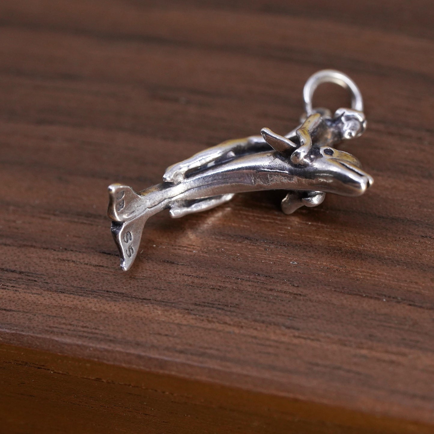 Vintage Sterling Silver girl Riding Dolphin Pendant, Ocean Jewelry, 925 pendant