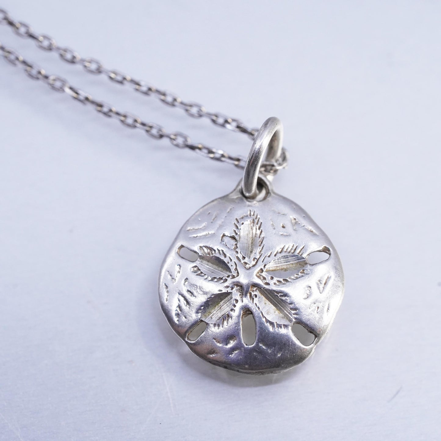 Vintage Sterling silver handmade circle chain necklace, 925 sand dollar pendant
