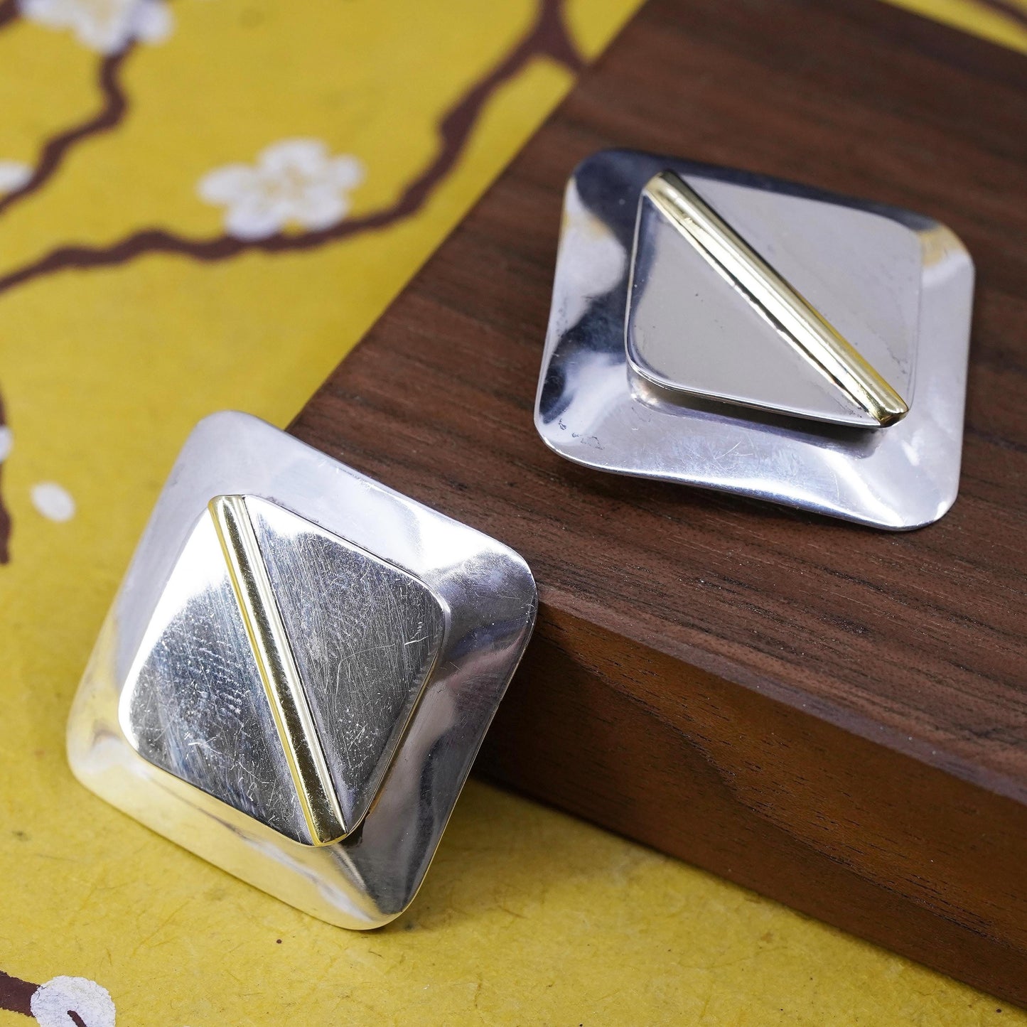 Mexican two tone Sterling silver square earrings, 925 clip on with brass tube