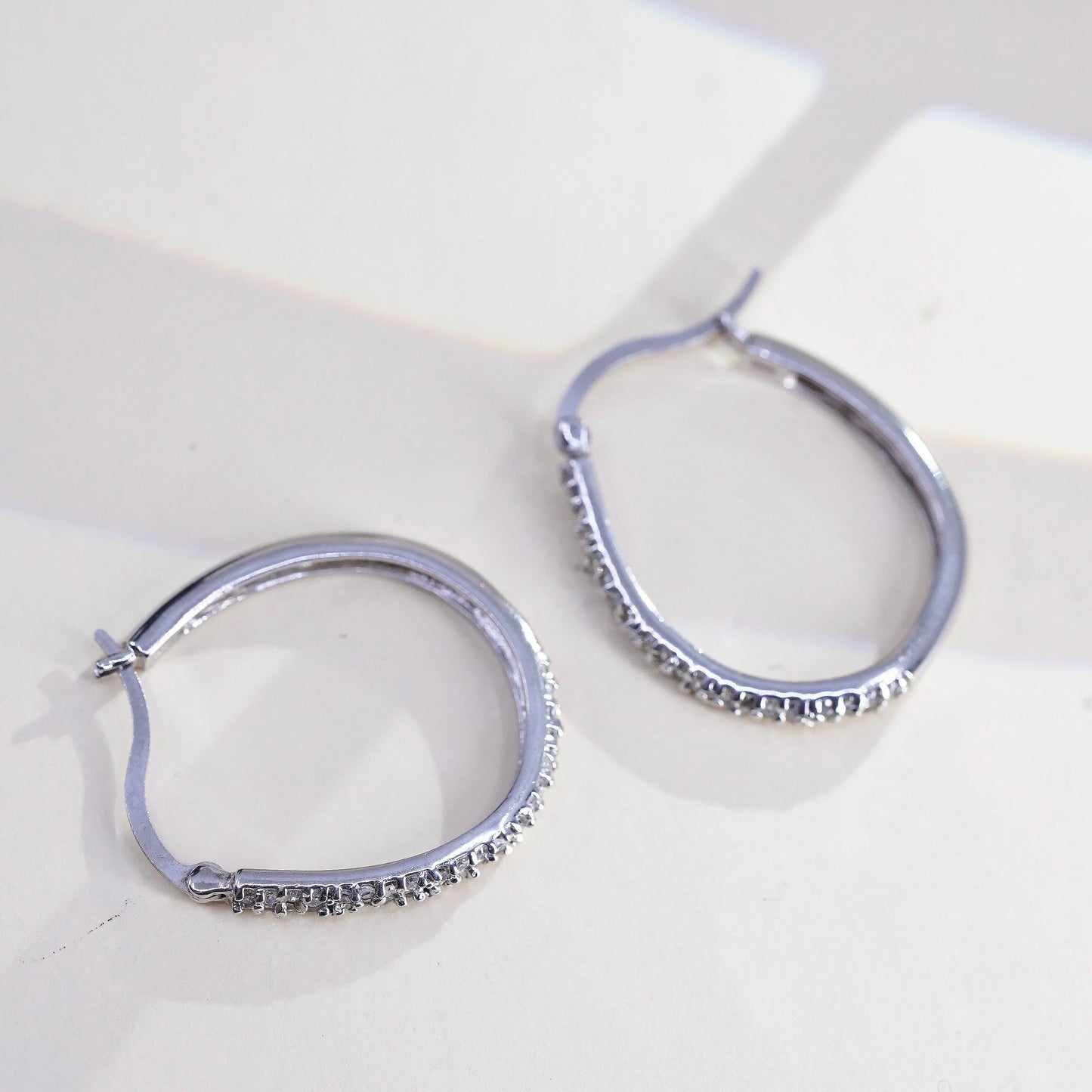 1.25”, Vintage sterling silver earrings, 925 silver hoops, Huggie w/ cluster Cz