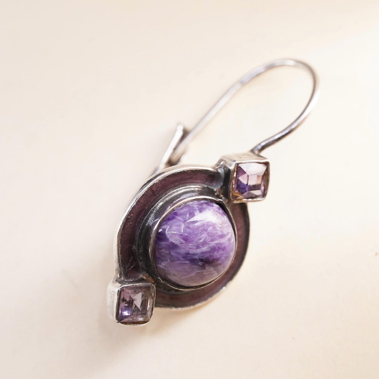 Southwestern sterling silver 925 single earring with amethyst and lever back