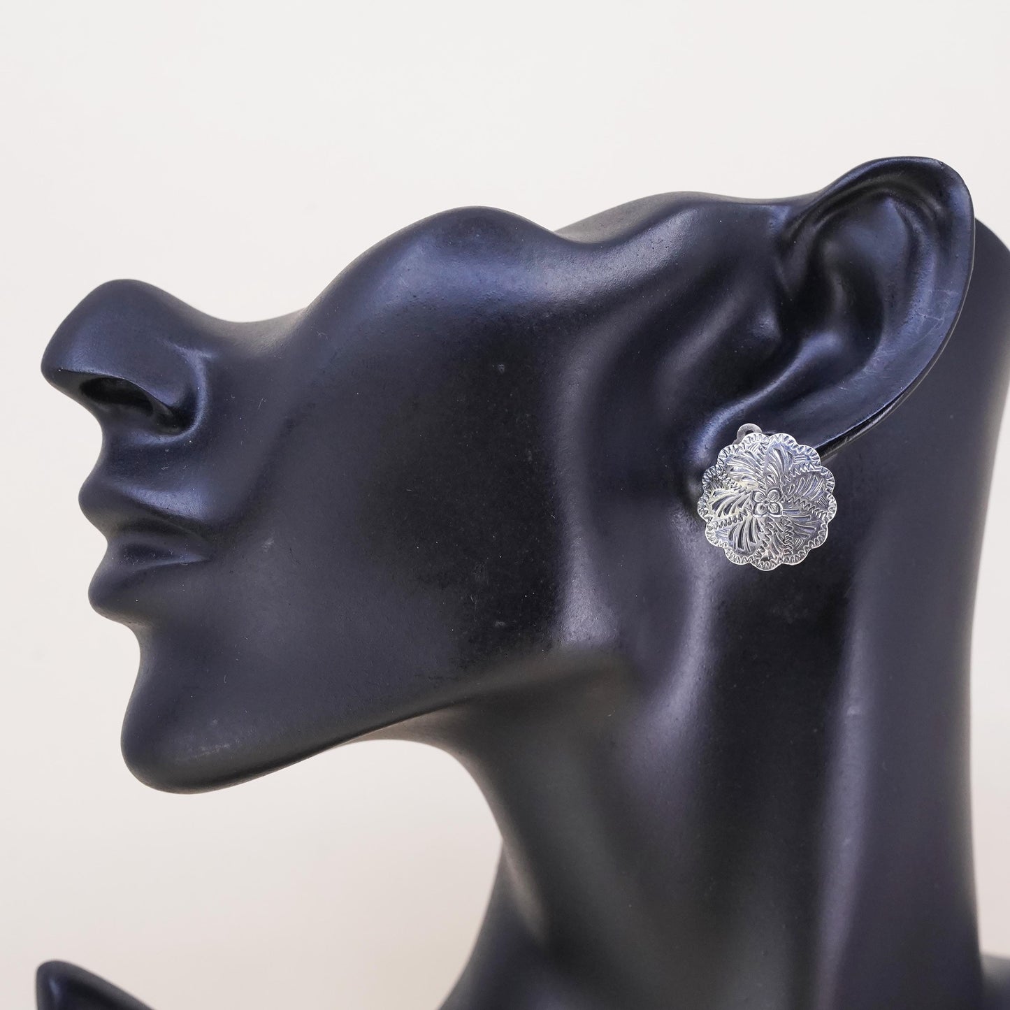 southwestern sterling silver single earring, 925 silver floral textured clip on