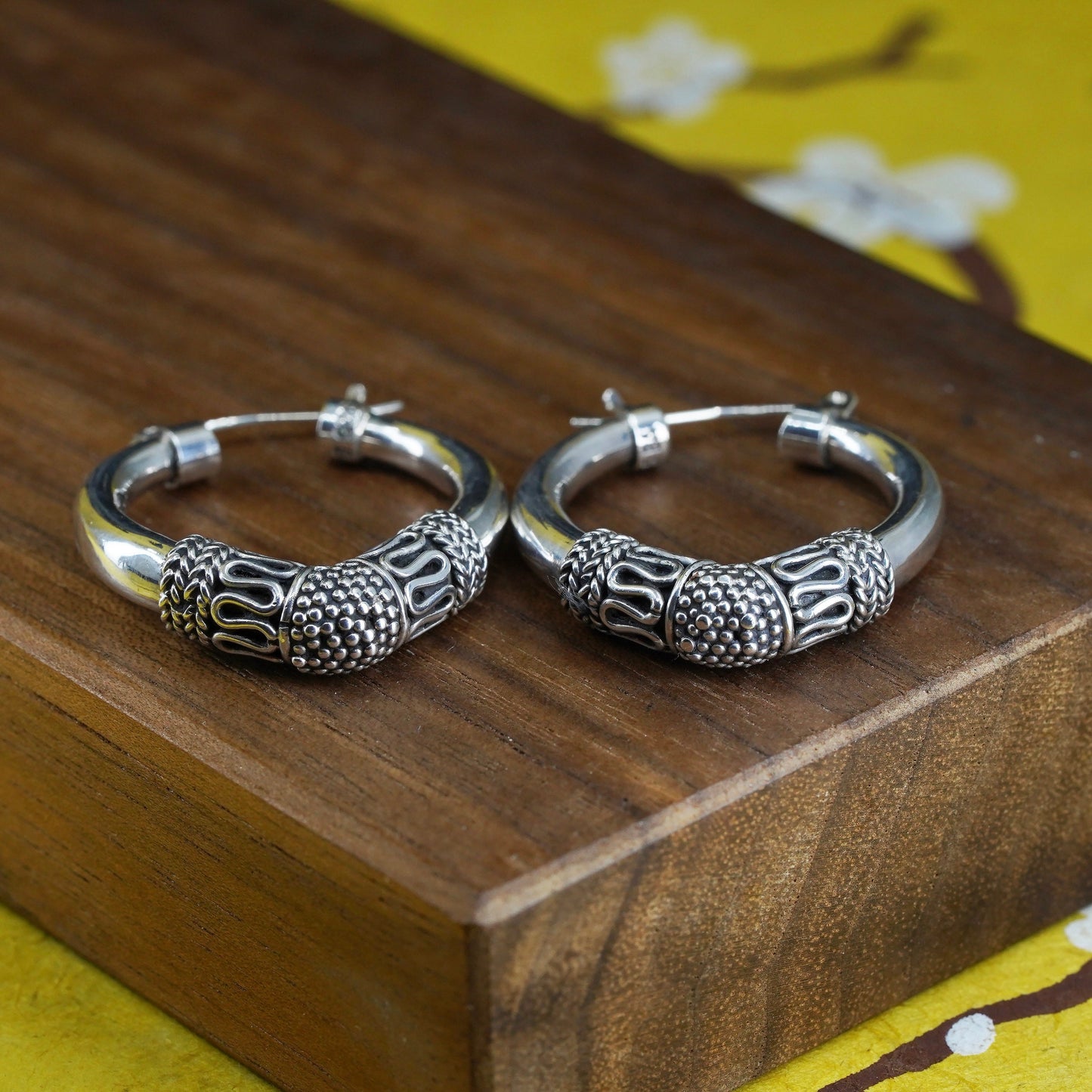 1.25”, Vintage BA Suarti Sterling silver handmade earrings, 925 textured hoops