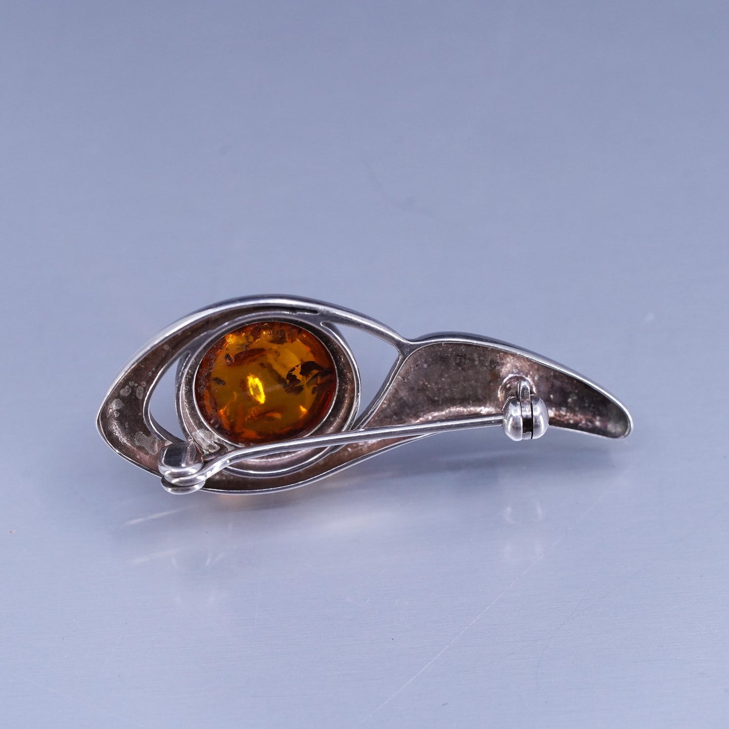 Vintage modernist Sterling 925 silver handmade brooch, pin with amber