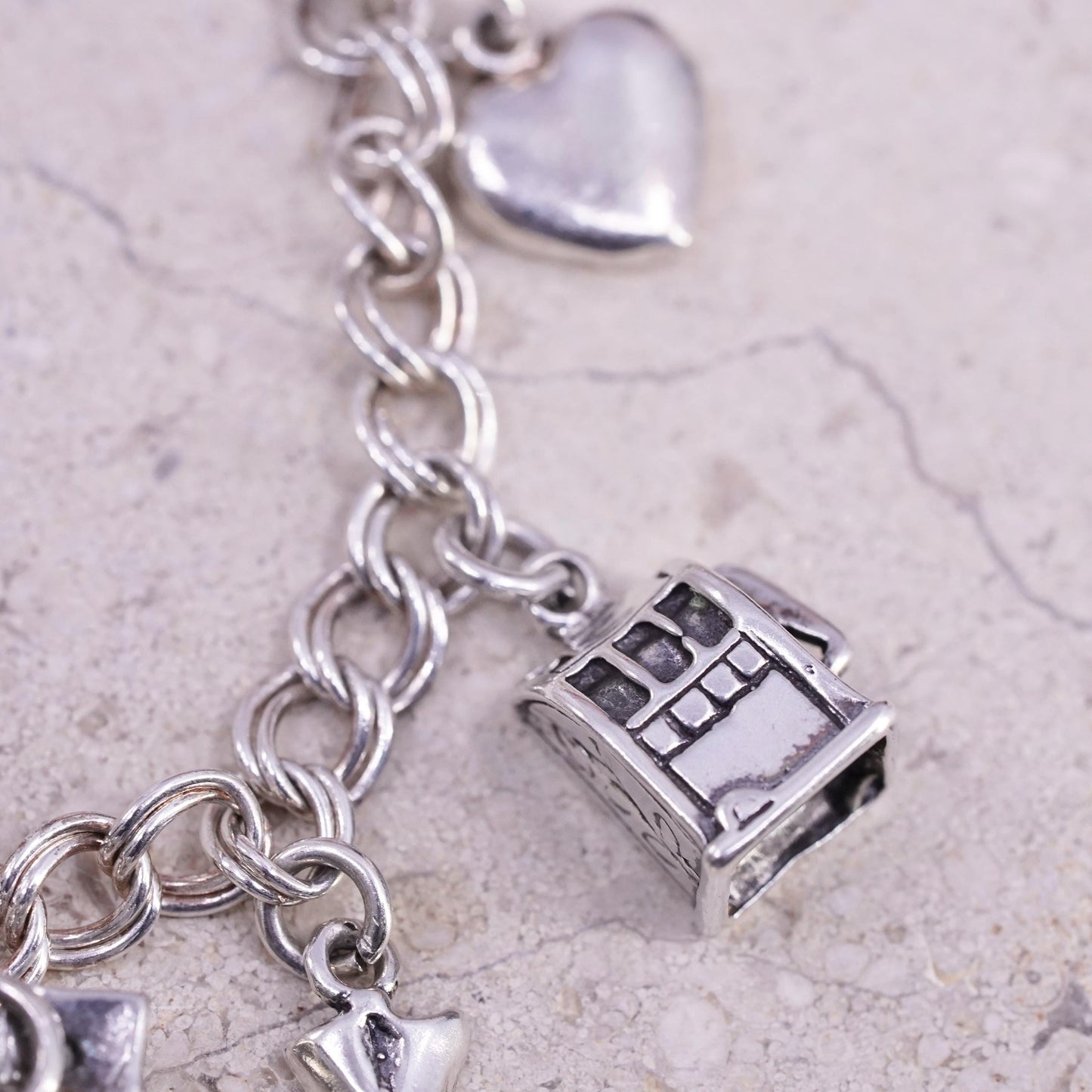 8", Sterling silver bracelet, 925 double curb chain slot dice money bag heart