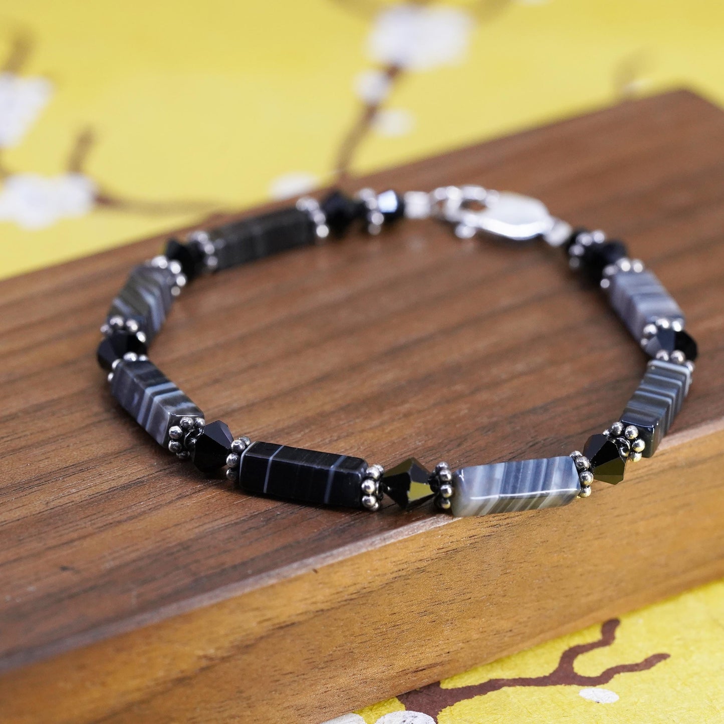 7”, Vintage Sterling 925 silver handmade bracelet, chain with agate tube