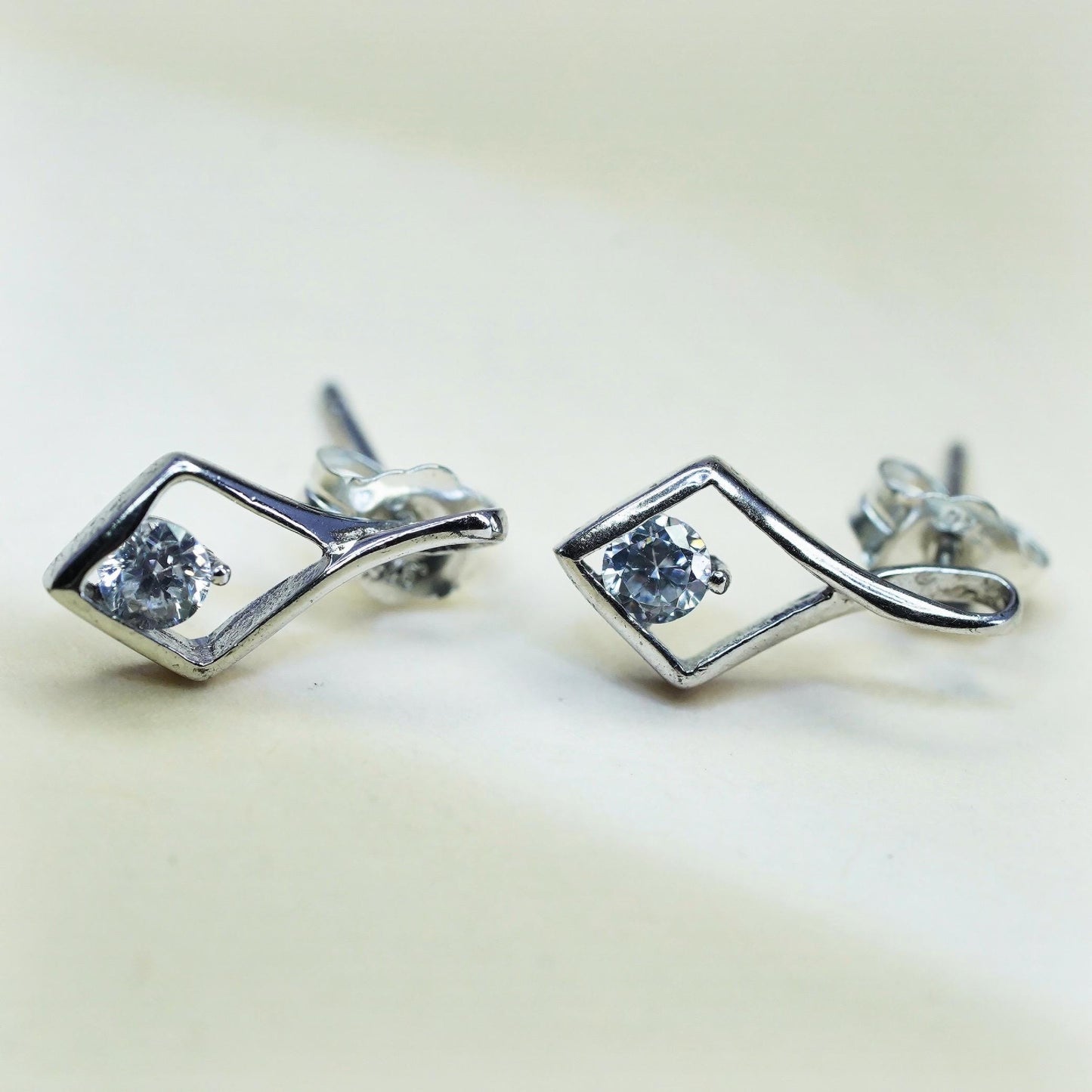 Vintage 925 sterling silver genuine cz studs, fashion minimalist earrings