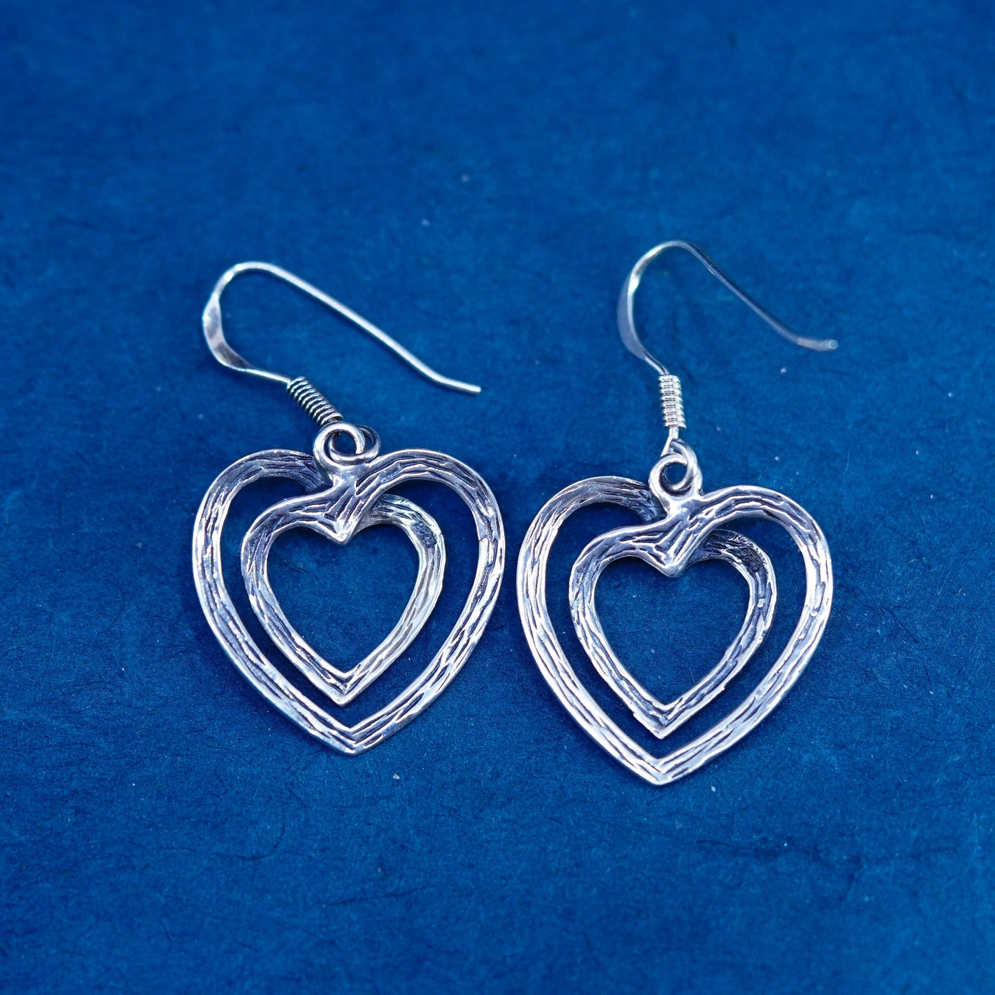 Vintage Sterling Silver handmade Earrings. 925 double heart dangles