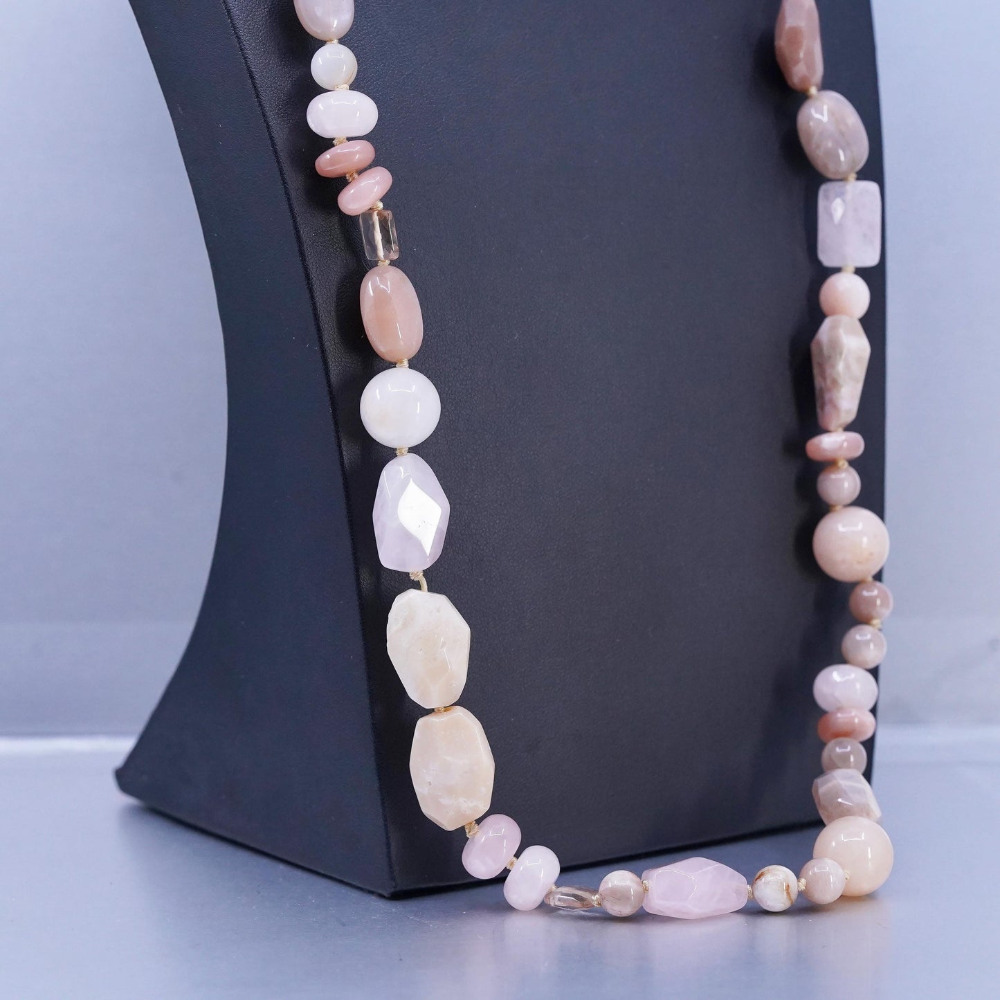 30", Pink Rose Quartz agate Beads necklace gold plated sterling 925 silver