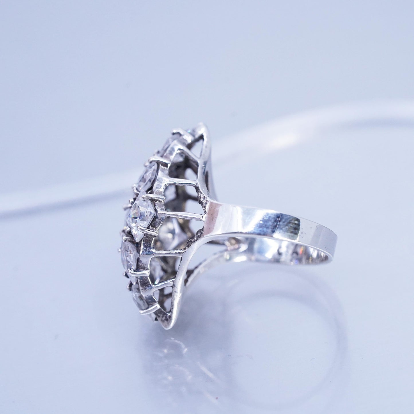 Size 7.5, vintage Sterling 925 silver handmade wide band ring with cluster Cz