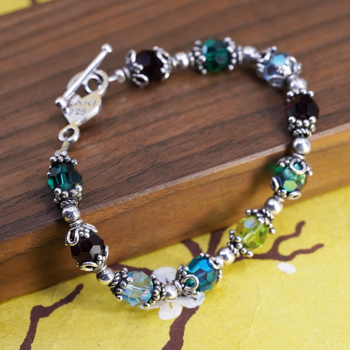 6.75”, Saki Sterling silver bracelet, 925 beads with crystal and toggle closure