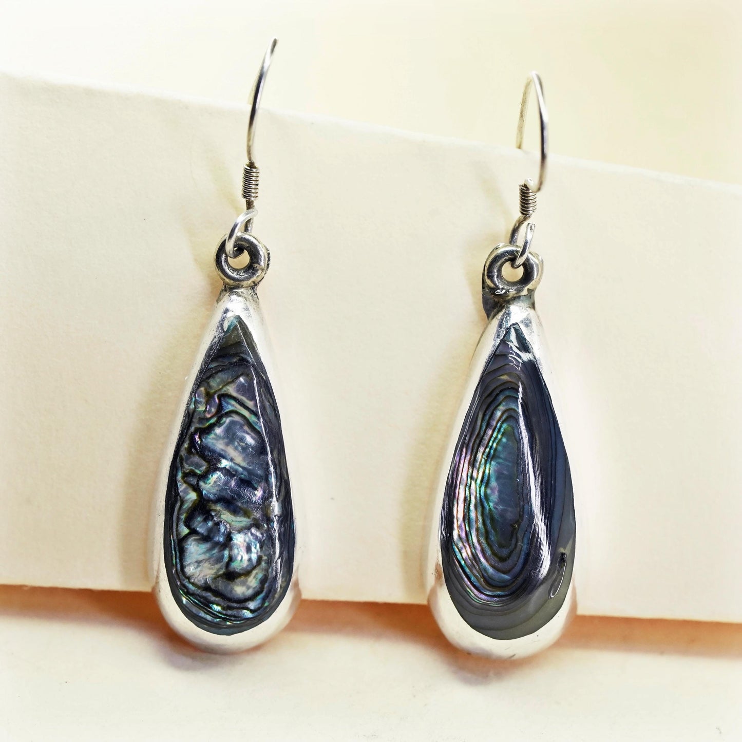 Vintage Mexico sterling 925 silver handmade teardrop earrings with abalone