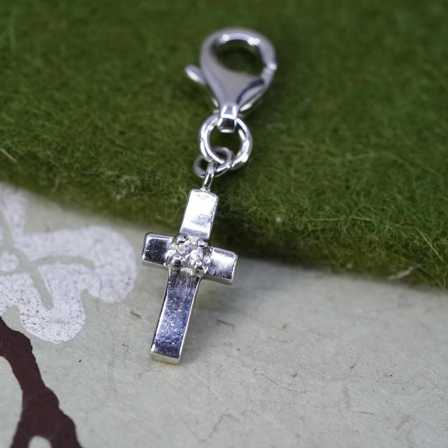 Vintage Sterling silver pendant, solid 925 silver cross charm with cz