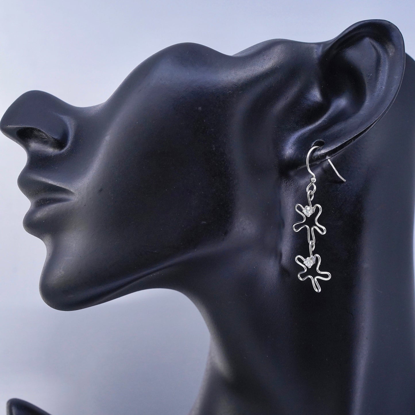 Vintage Sterling 925 silver handmade wired flower earrings with cz
