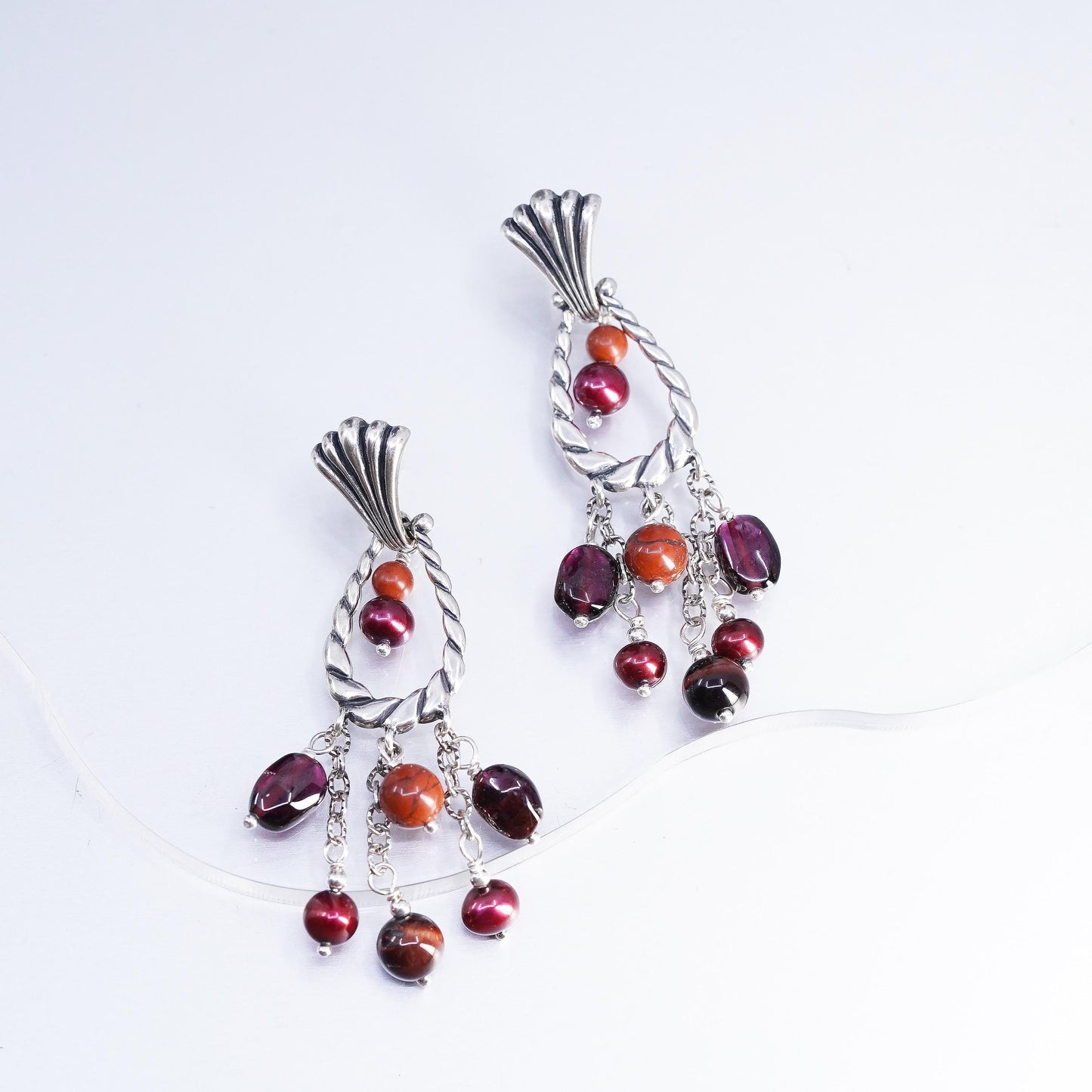 Carolyn Pollack 925 Sterling Silver Garnet Chandelier Earrings, Pearl Dangles