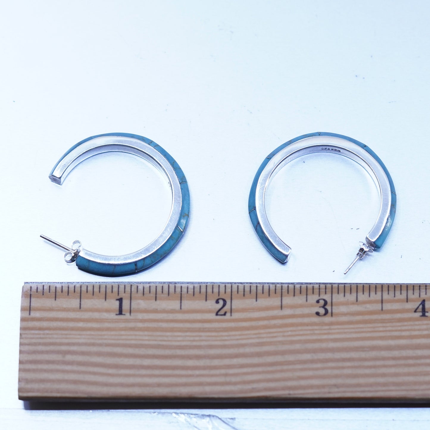 1.5”, Mexican Sterling silver handmade earrings, 925 huggie hoops w/ turquoise