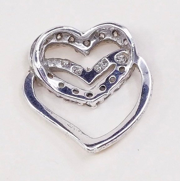 VTG sterling silver pendant, fine 925 silver double hearts w/ crystal