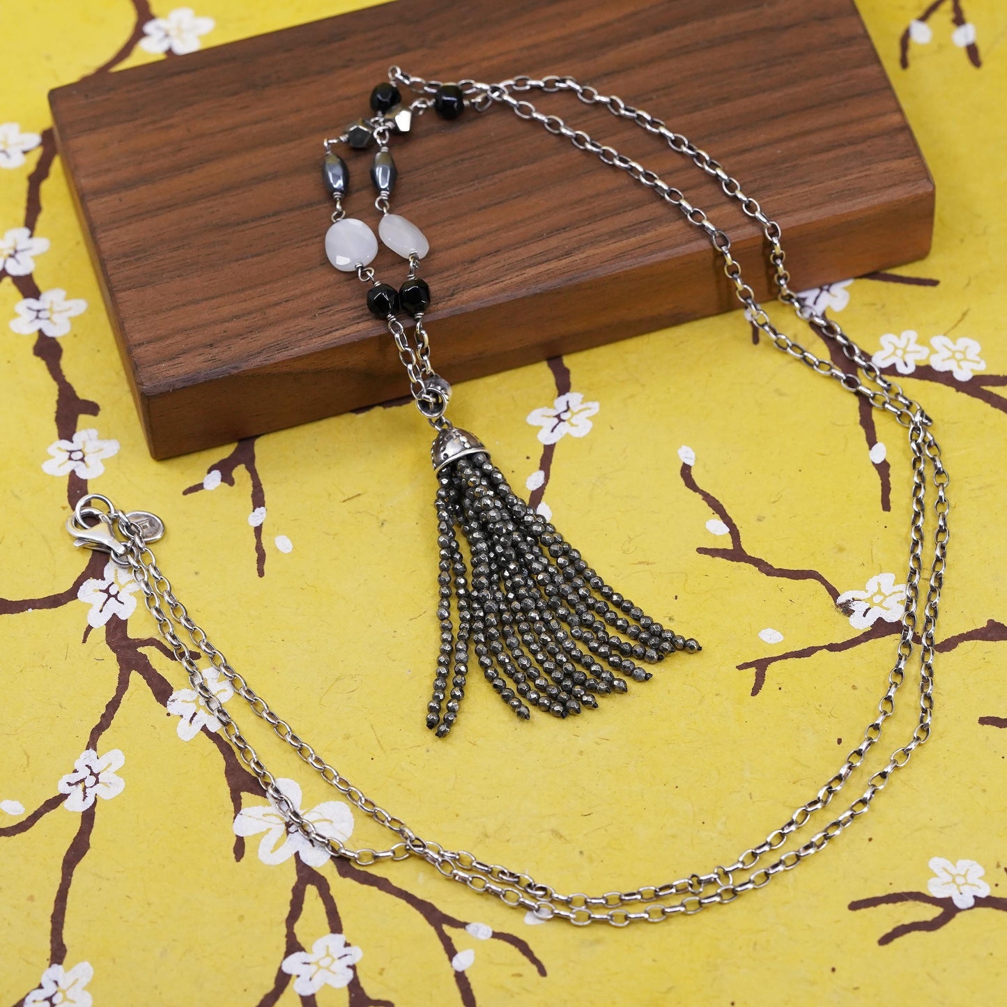 30”, Silpada Sterling Silver 925 oval necklace hematite bead frindge pendant