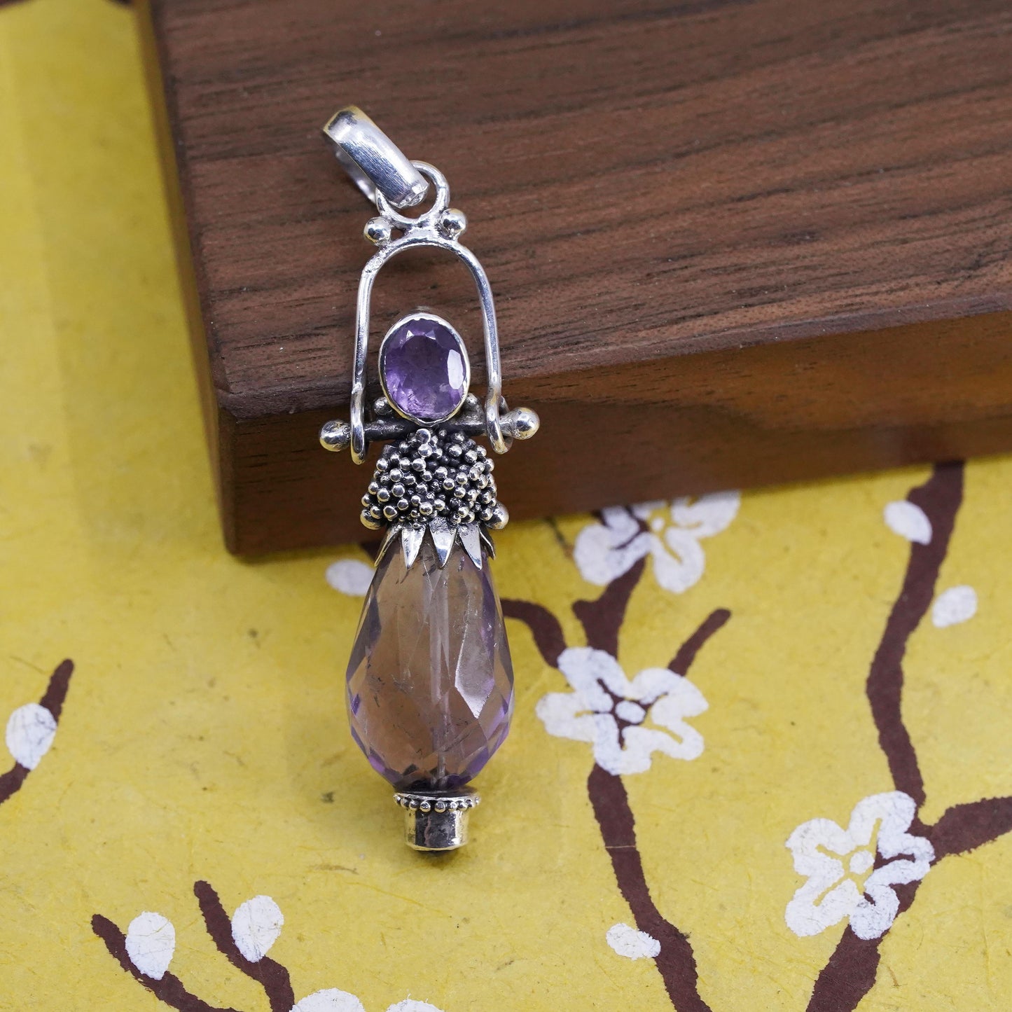Vintage sterling 925 silver handmade healing crystal pendant with amethyst