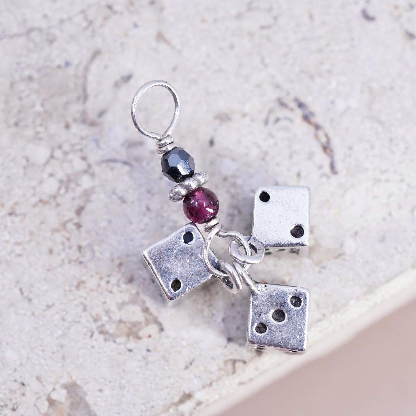 Vintage Sterling silver handmade pendant, 925 3 dice charms