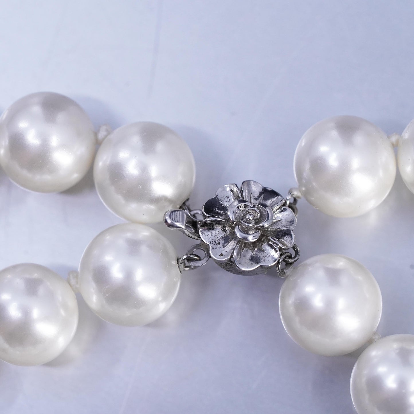 16", Sterling 925 silver double strands necklace faux pearl beads flower clasp
