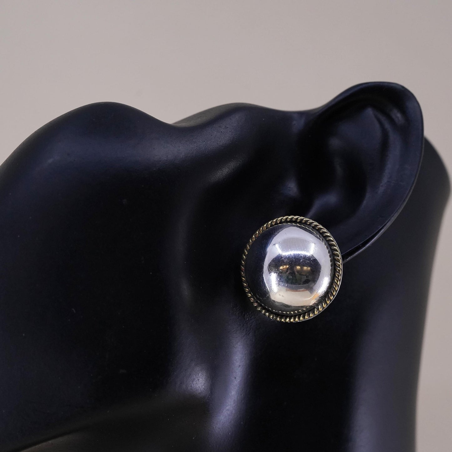 Vintage two tone Sterling silver earrings, Mexican 925 silver huge round studs