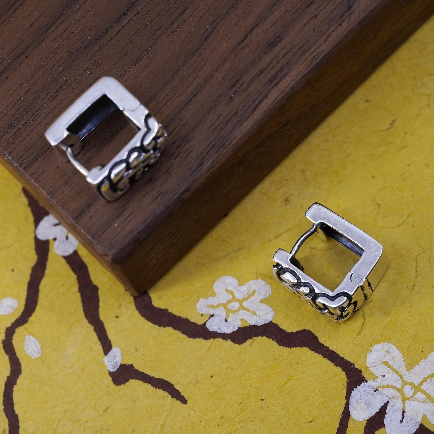 0.5", Zina Sterling silver textured hoop earrings, 925 square huggie studs