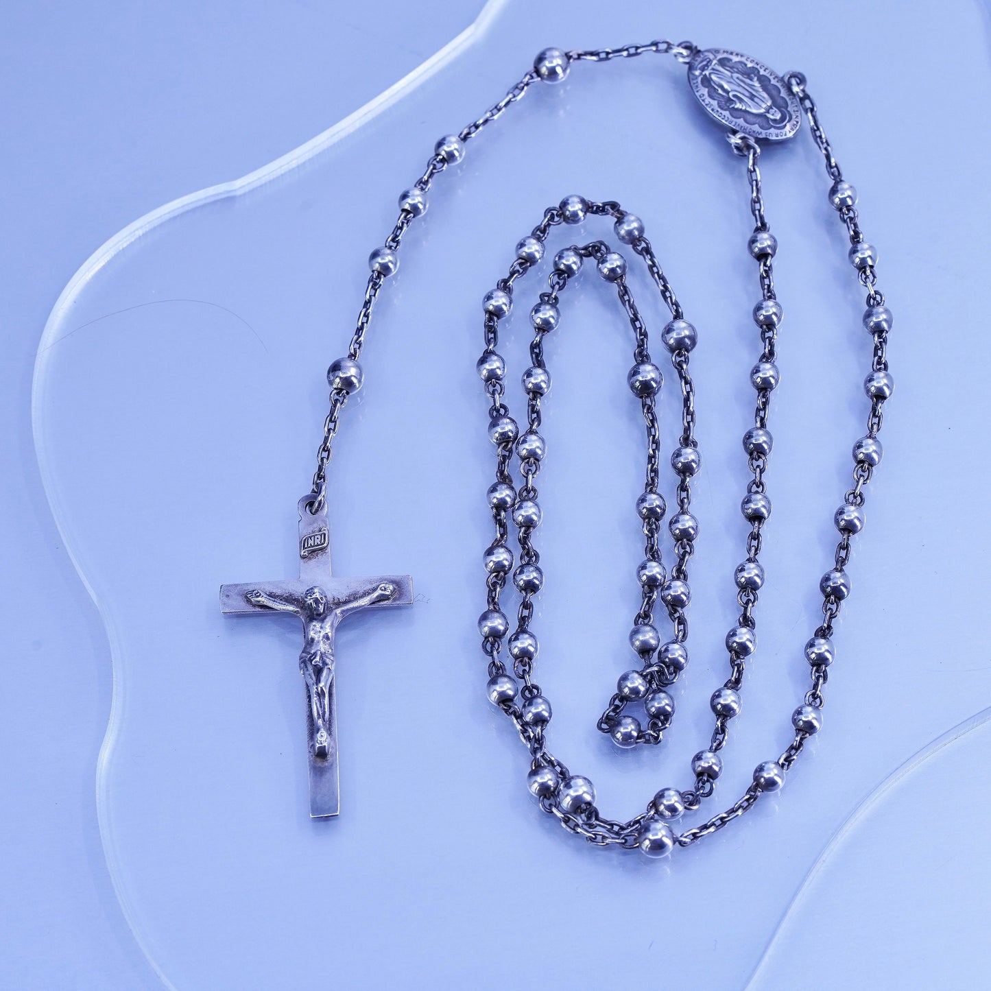 24”, Georgia sterling silver rosary necklace circle chain Jesus cross beads