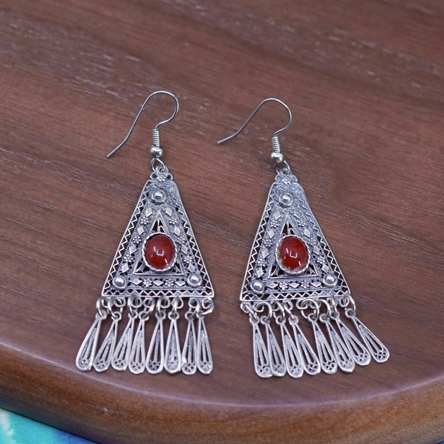 Vintage Sterling silver handmade earrings, 925 Filigree teardrops w/ carnelian