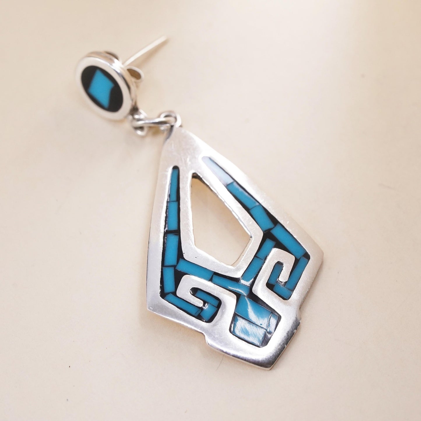 Vintage Mexican sterling 925 silver handmade single teardrop earring turquoise
