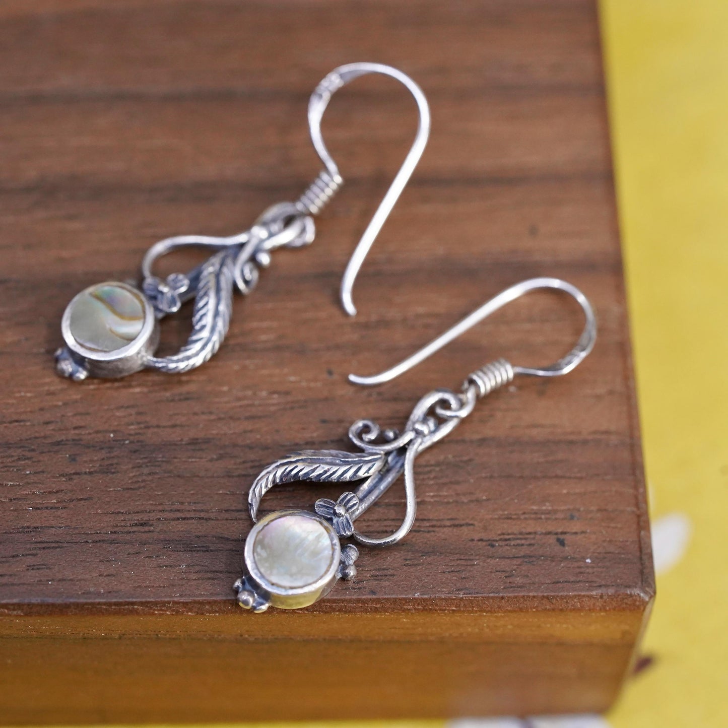 Vintage Sterling 925 silver handmade leaves earrings with abalone inlay