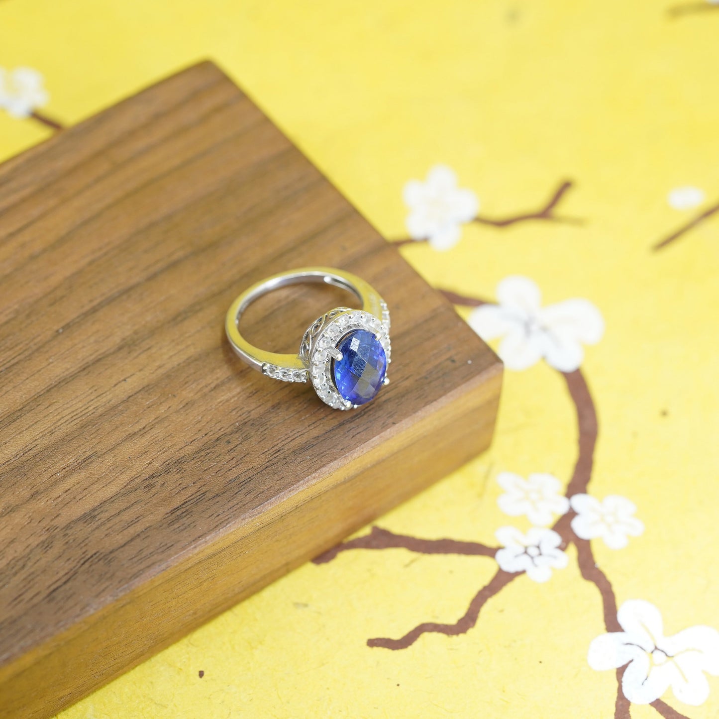 Size 7.5, Sterling silver 925 handmade ring with crystal and sapphire details