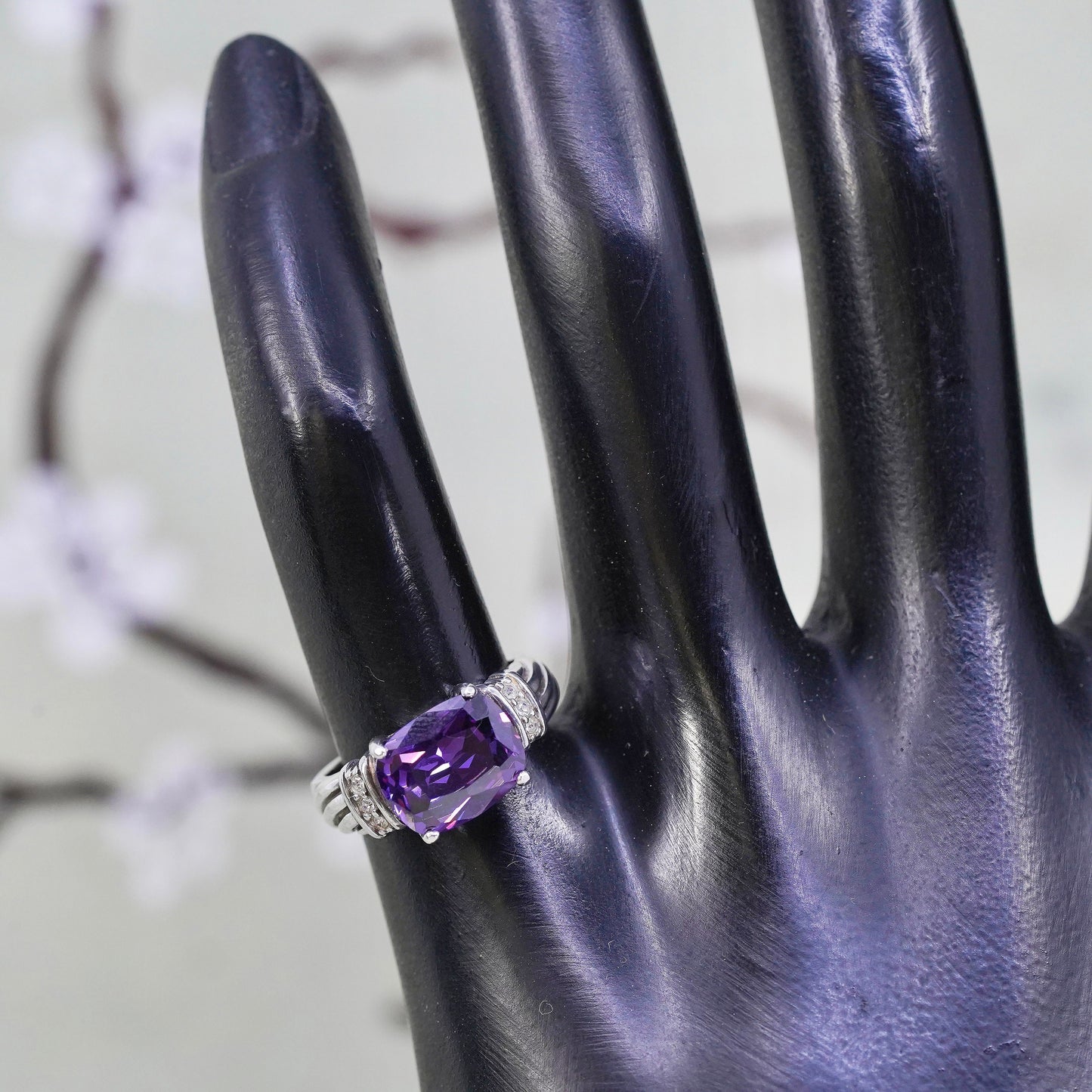 Size 5, vintage Sterling silver handmade ring, 925 with amethyst and Cz around