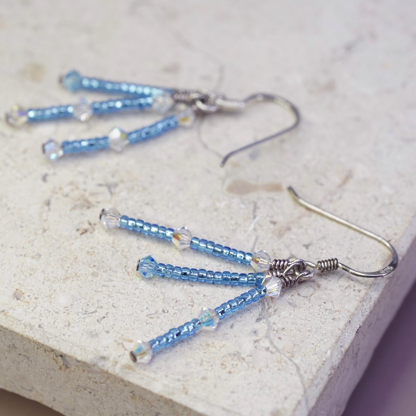 Vintage sterling silver 925 handmade earrings with blue crystal beads