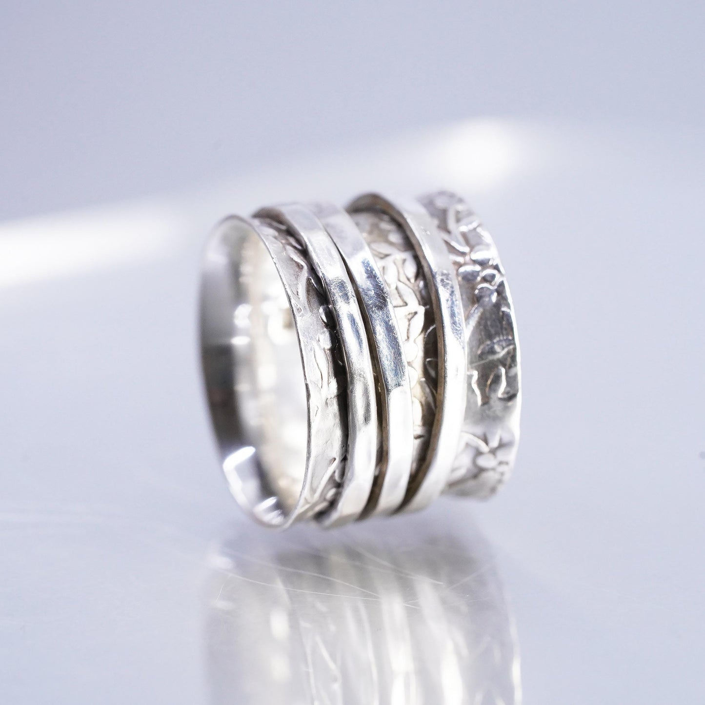 Size 7, 925 Sterling Silver Spinner Ring Wide Band Meditation Boho Swivel Band