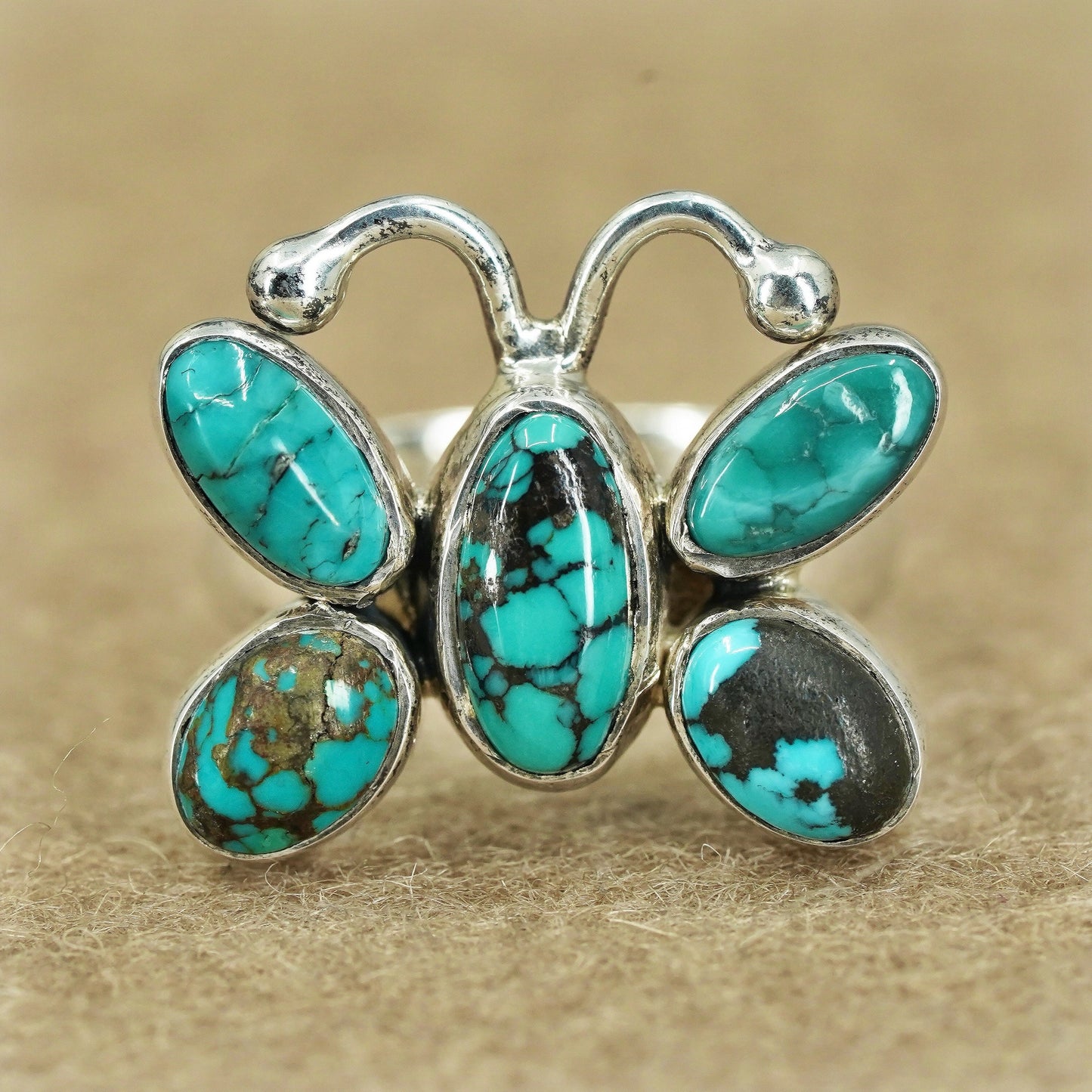 Size 7.25, Native American navajo Sterling 925 silver butterfly ring turquoise