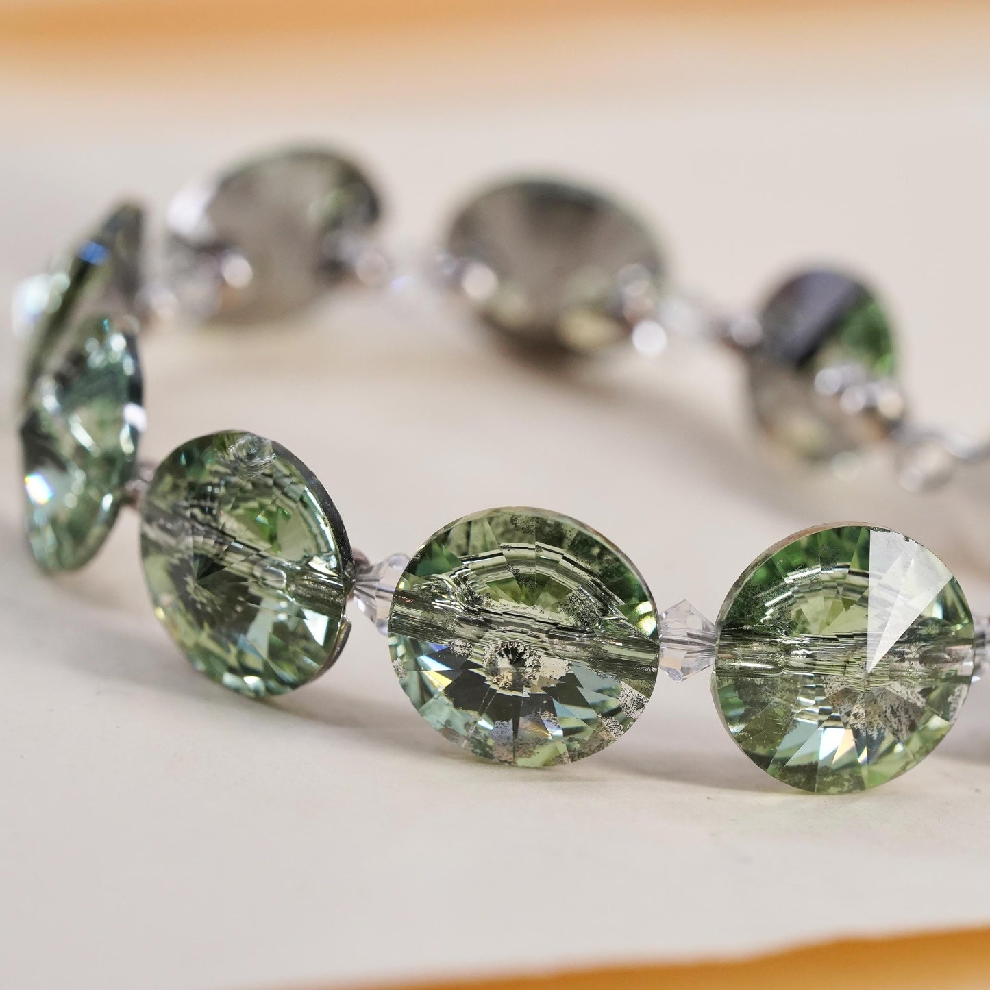 6.5", VTG Crystal Bracelet, Light Green Rivoli Crystal, Sterling 925 Silver