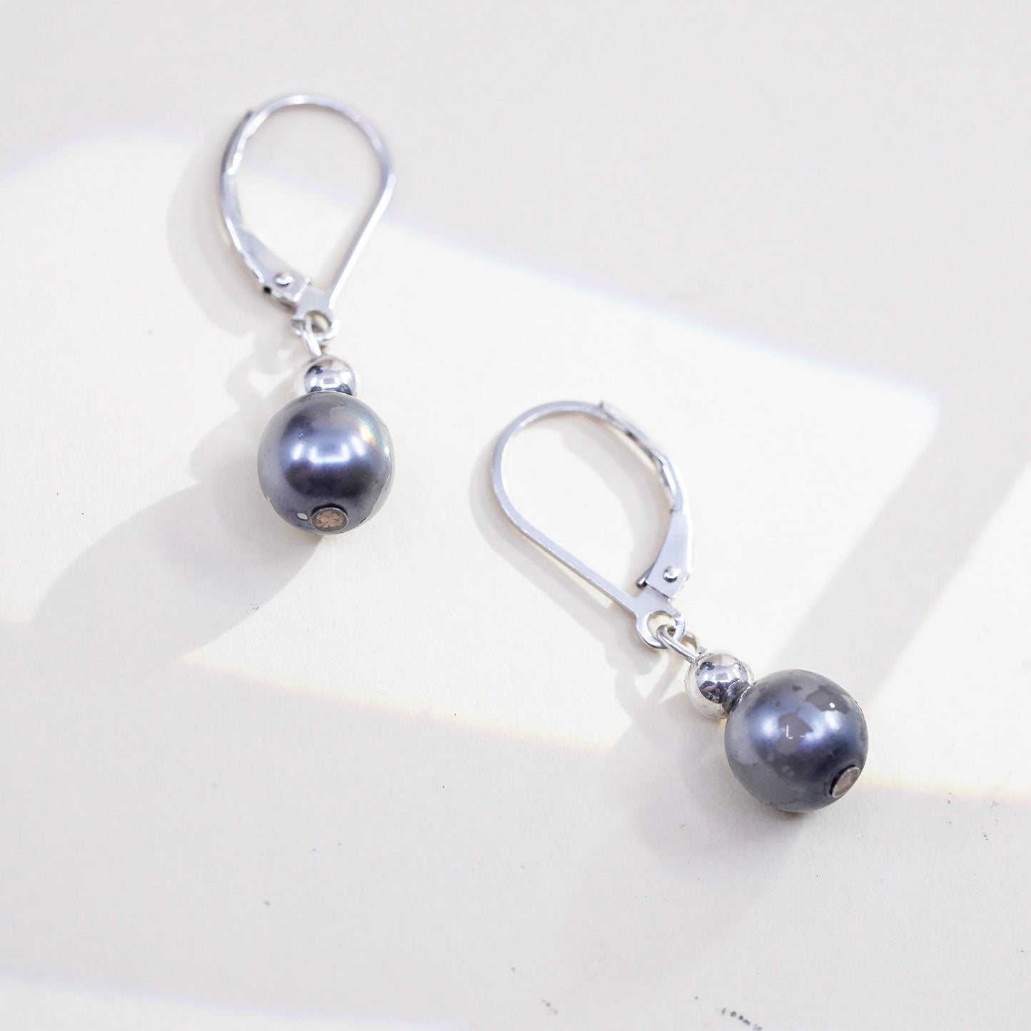 Vintage Sterling 925 silver handmade earrings with gray faux pearls