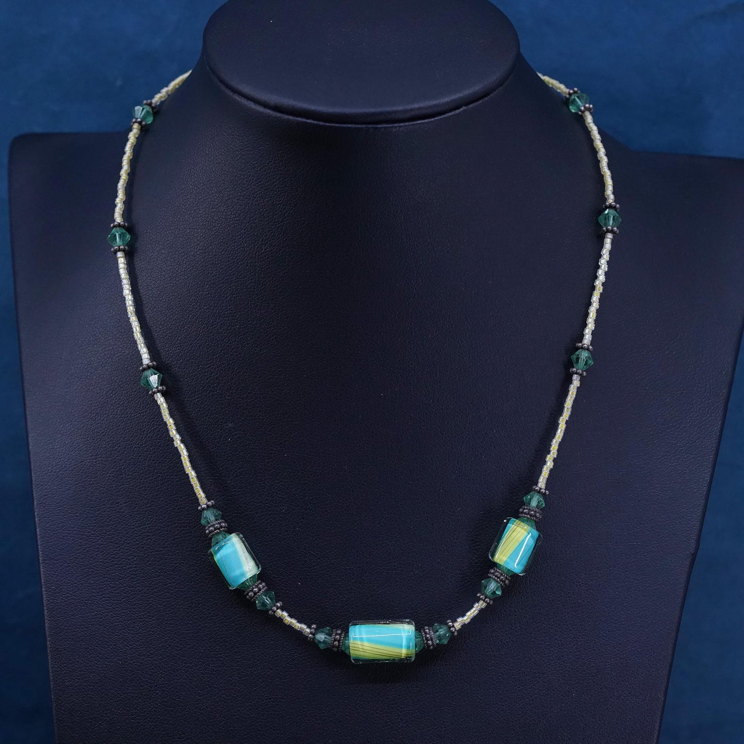 16”, Sterling silver necklace, 925 toggle clasp green flower Murano glass beads