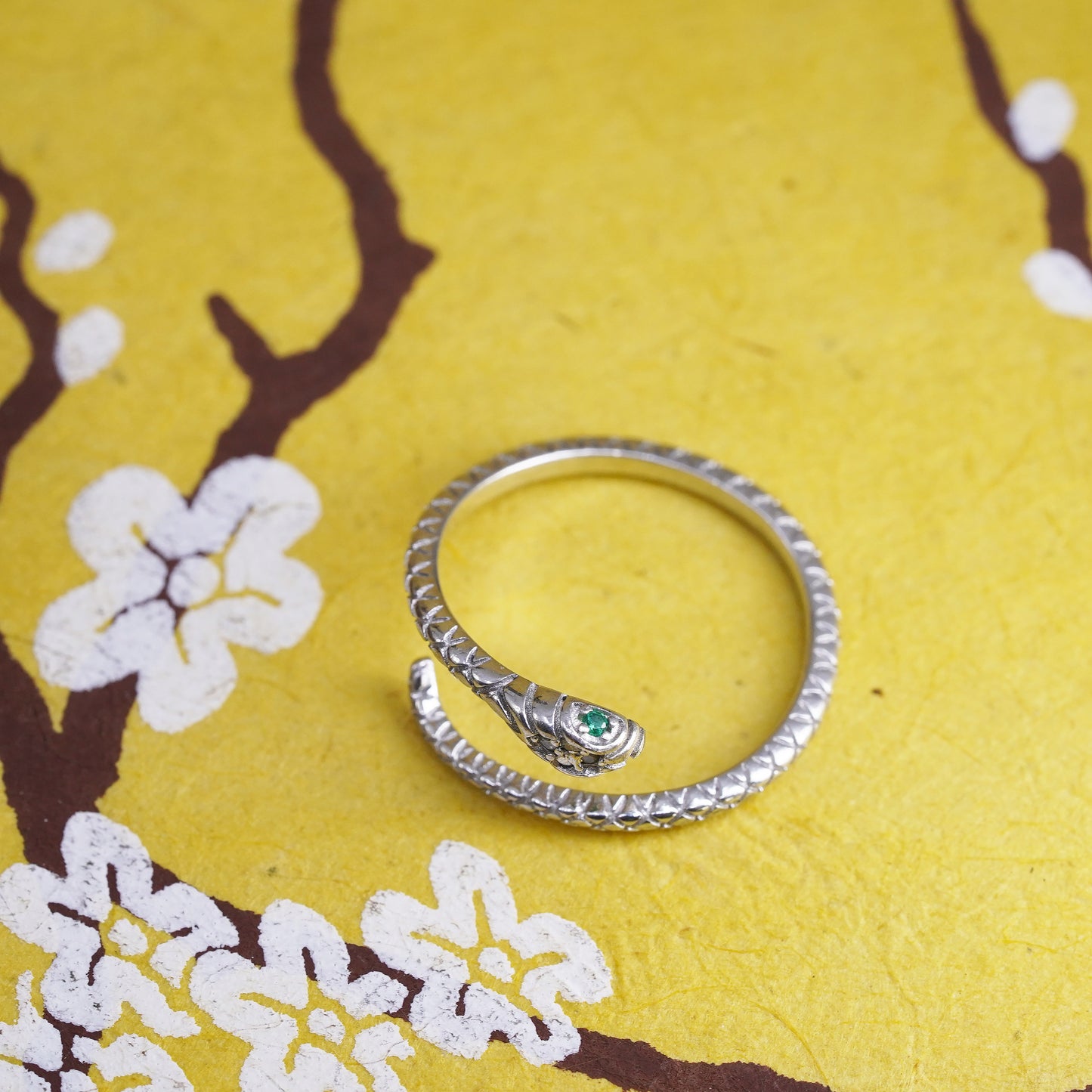 Size adjustable, Sterling silver ring, 925 snake wrap band with green enamel