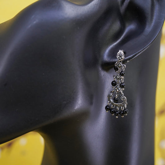 Vintage Sterling 925 silver handmade earrings with marcasite and obsidian beads