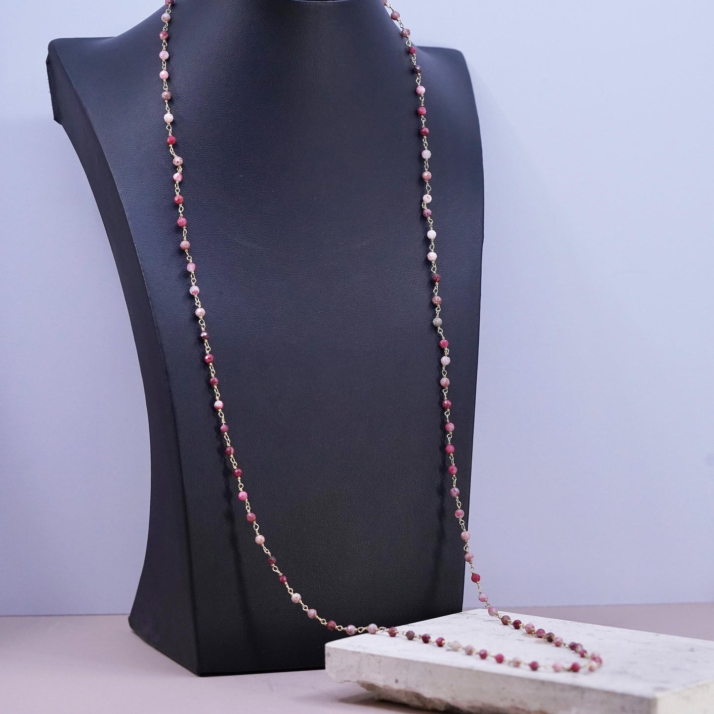 36", VTG vermeil gold Sterling silver extra long necklace, Indian ruby beads